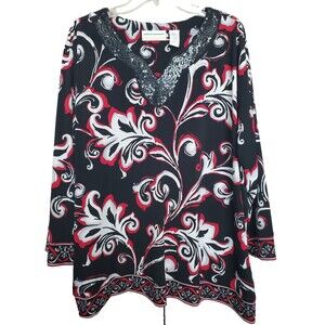 Alfred Dunner Woman Sequined Scroll Print Split Neck Tunic Size 3X